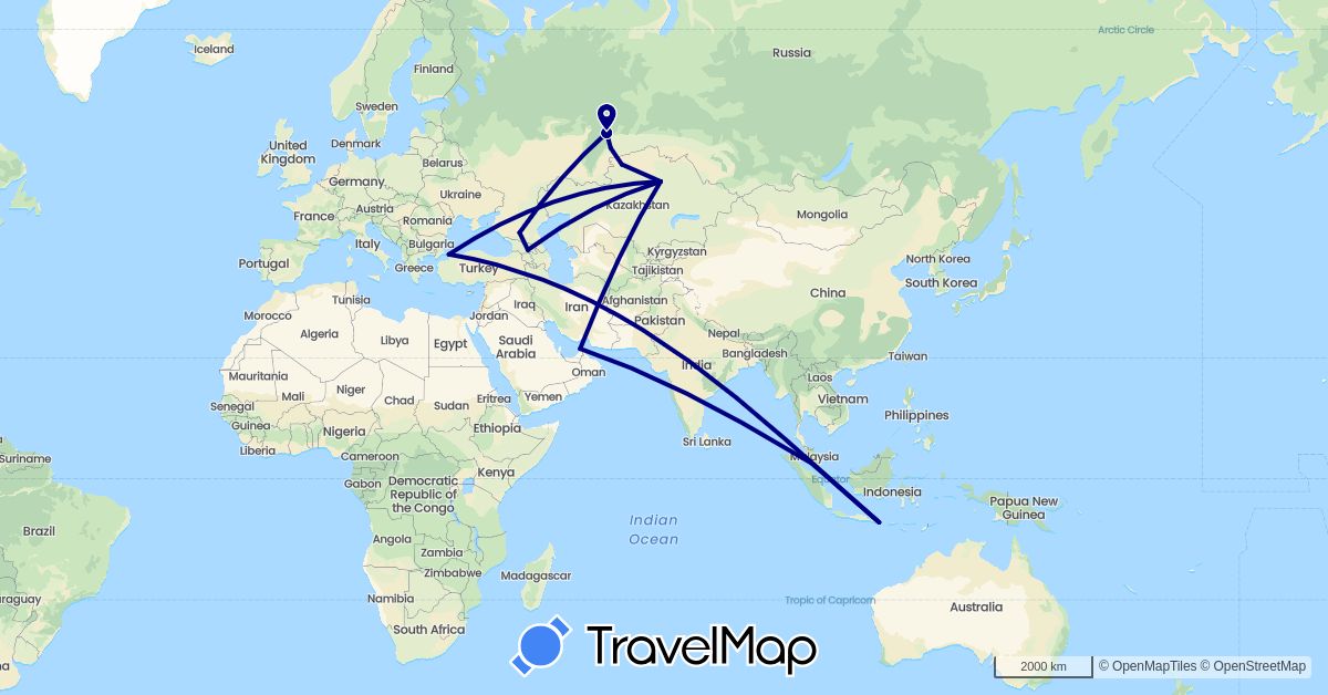 TravelMap itinerary: driving in United Arab Emirates, Georgia, Indonesia, Kazakhstan, Malaysia, Russia, Turkey (Asia, Europe)